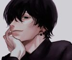  1boy black_hair chainsaw_man ear_piercing gakuran grey_background hair_over_one_eye hand_rest highres juzoh13 looking_at_viewer mole mole_under_mouth multiple_piercings piercing school_uniform short_hair simple_background smile solo yoshida_hirofumi 