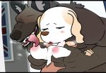  aggressive_retsuko anthro blush breast_grab breasts brown_body brown_fur canid canine canis domestic_dog duo eyeless female frown fur gosgoz half-closed_eyes hand_on_breast hi_res inner_ear_fluff inui_(aggressive_retsuko) male male/female mammal narrowed_eyes nipples open_mouth sanrio smile tongue tongue_out tuft white_body white_fur 