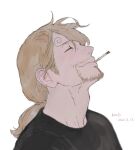  1boy aged_up alternate_hairstyle blonde_hair cigarette closed_eyes collared_shirt curly_eyebrows facial_hair from_side goatee hair_over_one_eye happy highres long_hair loose_necktie male_focus mature_male necktie no.6_(numberr_6) one_piece sanji_(one_piece) shirt smile smoking solo upper_body 