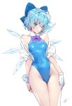  1girl aged_up armpit_crease artist_name bare_legs bare_shoulders blue_eyes blue_hair blue_leotard blush breasts cirno closed_mouth commentary covered_navel cowboy_shot duplicate earrings gloves head_tilt highleg highleg_leotard highres ice ice_wings jewelry leotard matsuda_(matsukichi) medium_breasts off_shoulder pixel-perfect_duplicate scrunchie short_hair shrug_(clothing) signature simple_background single_glove solo standing touhou white_background white_gloves wings wrist_scrunchie 