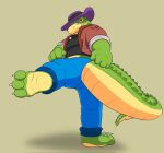  2022 3_toes 4_fingers alligator alligatorid anthro biped bottomwear brok_(character) brok_the_investigator clothing crocodilian feet fingers flodrovv green_body hat headgear headwear hi_res pants reptile scalie shirt simple_background solo toes topwear video_games 