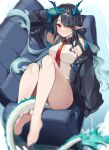  1girl arknights arm_up bare_legs bare_shoulders barefoot black_hair black_jacket blue_hair blue_skin blurry blurry_foreground breasts colored_skin couch depth_of_field dragon_girl dragon_horns dragon_tail dress dusk_(arknights) earrings eyes_visible_through_hair feet full_body gradient_hair hair_over_one_eye highres horns jacket jewelry legs_up long_hair looking_at_viewer lying medium_breasts momosawa_nao multicolored_hair necktie off_shoulder on_back on_couch open_clothes open_jacket parted_lips pointy_ears red_eyes red_necktie short_dress soles solo tail toes very_long_hair white_dress 