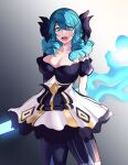  1girl :d ahoge arms_behind_back bangs black_bow black_pantyhose blue_hair bow breasts cleavage collarbone dress drill_hair glowing glowing_weapon gradient gradient_background green_eyes green_hair gwen_(league_of_legends) hair_bow highres holding large_breasts laughter_(humanscv) league_of_legends long_hair looking_at_viewer pantyhose shiny shiny_hair smile solo teeth tongue twin_drills twintails upper_teeth weapon 