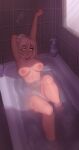  1girl absurdres arm_behind_head arm_up bathing bathtub breasts glowing glowing_eyes grey_hair hair_between_eyes highres indoors knees_up large_breasts nipples original parted_lips ponytail shiny shiny_skin short_hair soap_bottle solo starli_(starlianechan) teeth tile_wall tiles water window 