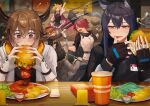  1boy 4girls animal_ears arknights arm_up bison_(arknights) black_bandeau black_dress black_gloves black_hair black_jacket black_shirt blonde_hair blush burger burger_malfunction cow_boy cow_ears cow_girl cow_horns croissant_(arknights) cup disposable_cup dress ear_piercing exusiai_(arknights) fighting fingerless_gloves food gloves green_eyes hair_between_eyes hair_over_one_eye halo highres holding holding_food horns id_card indoors jacket lettuce licking licking_finger multiple_girls necktie open_mouth orange_eyes penguin_logistics_(arknights) piercing potato_wedges red_eyes red_hair red_necktie senjou_no_pentsu shirt sora_(arknights) sweatdrop texas_(arknights) tomato twintails visor_cap white_gloves white_jacket wolf_ears wolf_girl 