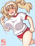  &gt;_&lt; 1girl alternate_costume artist_logo blonde_hair blue_background blush bouncing_breasts breasts buruma cowboy_shot dated gambier_bay_(kancolle) gym_shirt gym_uniform hairband kanon_(kurogane_knights) kantai_collection large_breasts one-hour_drawing_challenge red_buruma shirt short_sleeves simple_background solo tears twintails white_shirt 