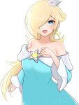  1girl :d aqua_dress bangs bare_shoulders blonde_hair blue_eyes blush collarbone commentary_request crown dress earrings eyelashes frilled_sleeves frills hair_over_one_eye hand_on_own_chest hand_up highres jewelry long_hair long_sleeves looking_at_viewer mario_(series) off-shoulder_dress off_shoulder one_eye_covered open_mouth parted_bangs rosalina shiny shiny_hair sidelocks simple_background single_earring smile solo standing star_(symbol) star_earrings super_mario_galaxy swept_bangs tomatomiya very_long_hair white_background wide_sleeves 