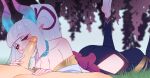  1boy 1girl bangs bare_shoulders blurry blurry_background blush bow breasts collarbone fellatio grass highres horns ilwha jewelry large_breasts league_of_legends legs_up long_hair necklace oral parted_lips penis pink_bow pointy_ears ponytail shiny shiny_hair shiny_skin spirit_blossom_syndra syndra testicles tree 