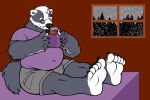  anthro badger bed chubby_male drinking eyewear fetishame foot_hands furniture glasses hi_res holding_object inside male mammal mug mustelid musteline snow solo steam window winter 