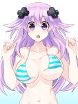  1girl :o adult_neptune bikini blush bouncing_breasts bra breasts breasts_apart commentary d-pad d-pad_hair_ornament english_commentary groin hair_between_eyes hair_ornament hands_up highres large_breasts long_hair looking_at_viewer navel neptune_(series) purple_eyes purple_hair solo staring striped striped_bikini striped_bra surprised swimsuit torn_bikini torn_bra torn_clothes underboob underwear very_long_hair wardrobe_malfunction zatsu 