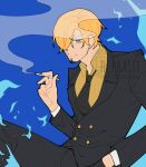  1boy absurdres blonde_hair blue_fire collared_shirt curly_eyebrows facial_hair fire formal goatee hair_over_one_eye heph_(hephasst) highres knee_up looking_at_viewer loose_necktie male_focus necktie one_piece sanji_(one_piece) shirt short_hair smile smoking solo suit 