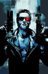  1boy arnold_schwarzenegger bare_pectorals black_hair black_jacket blue_background blue_theme english_commentary frown glowing glowing_eyes gun handgun holding holding_gun holding_weapon humanoid_robot imi_uzi jacket long_sleeves m1911 male_focus manly n-abakumov open_clothes open_jacket optical_sight pectorals red_eyes robot short_hair solo spot_color submachine_gun sunglasses t-800 terminator_(series) weapon 