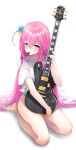  1girl artist_name bangs barefoot blue_eyes blue_panties blush bocchi_the_rock! collarbone electric_guitar embarrassed gibson_les_paul gotou_hitori guitar hair_cubes hair_ornament highres holding holding_instrument instrument looking_at_viewer panties pink_hair pistachiocream plectrum_in_mouth seiza shiny shiny_hair shirt short_hair short_sleeves sidelocks simple_background sitting solo sweatdrop thighs underwear very_short_hair white_background white_shirt 