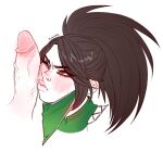  1boy 1girl akali artist_name bangs blush brown_hair closed_mouth green_mask ilwha league_of_legends long_hair looking_at_another mask mouth_mask one_eye_closed penis penis_on_face ponytail red_eyes shiny shiny_hair veins veiny_penis 