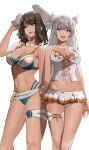  2girls alternate_costume alternate_hair_length alternate_hairstyle animal_ears bangs bare_shoulders bikini blue_eyes blush breast_tattoo breasts brown_hair cat_ears chest_jewel cleavage eunie_(xenoblade) head_wings highres j@ck large_breasts long_hair looking_at_viewer medium_hair midriff mio_(xenoblade) multiple_girls navel official_alternate_hairstyle open_mouth simple_background skirt small_breasts smile stomach swimsuit tattoo thigh_strap white_hair wings xenoblade_chronicles_(series) xenoblade_chronicles_3 yellow_eyes 