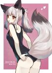  1girl adjusting_clothes adjusting_swimsuit andou_yuna animal_ear_fluff animal_ears arknights artist_name ass bare_shoulders black_hair black_one-piece_swimsuit border breasts commission competition_swimsuit cowboy_shot fox_ears fox_girl fox_tail from_behind frostleaf_(arknights) gradient_hair grey_hair hair_ornament hair_scrunchie heart highres large_tail long_hair looking_at_viewer looking_back multicolored_hair one-piece_swimsuit open_mouth outside_border ponytail purple_background red_eyes scrunchie sidelocks simple_background small_breasts solo swimsuit tail twitter_username white_border 