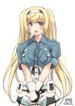  1girl alternate_hair_length alternate_hairstyle blonde_hair blue_eyes blue_shirt gambier_bay_(kancolle) gloves highres kantai_collection long_hair looking_at_viewer one-hour_drawing_challenge open_mouth owa_(ishtail) own_hands_together shirt simple_background solo twintails very_long_hair white_background 