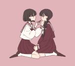  2girls applying_makeup bangs black_hair bob_cut braid brown_sailor_collar brown_serafuku brown_skirt cosmetics hair_ribbon hand_on_another&#039;s_cheek hand_on_another&#039;s_face highres lipstick lipstick_tube long_sleeves looking_at_another makeup multiple_girls original pink_background pleated_skirt red_lips ribbon rikuwo sailor_collar school_uniform serafuku short_hair simple_background sitting skirt skirt_grab socks twin_braids wariza white_ribbon white_serafuku white_socks 