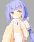  1girl :o bandaged_leg bandages bandaid bandaid_on_knee bandaid_on_leg bangs blue_hair blue_sailor_collar blush bottomless bow brown_eyes cup drink feet_out_of_frame grey_background hair_bow hands_up highres holding holding_cup holding_drink knees_up long_hair looking_at_viewer looking_to_the_side low_ponytail mug no_lineart original out-of-frame_censoring parted_lips ponytail print_mug red_eyes sailor_collar sailor_shirt shirt short_sleeves sidelocks simple_background sitting solo steam thick_eyelashes w_arms white_shirt ymnhsi 