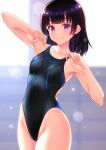  1girl arm_up armpits bare_arms bare_shoulders black_one-piece_swimsuit blush breasts closed_mouth collarbone competition_swimsuit cowboy_shot highres kuri_(kurigohan) lens_flare looking_at_viewer medium_breasts one-piece_swimsuit original purple_eyes short_hair smile solo swimsuit 