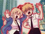  1boy 1girl black_necktie blonde_hair blue_jacket chainsaw_man city collared_shirt denji_(chainsaw_man) horns jacket long_hair necktie omori open_mouth orange_eyes osulan outline outstretched_arm parody pixelated power_(chainsaw_man) red_hair red_horns red_outline sharp_teeth shirt shirt_half_tucked_in short_hair spiked_hair style_parody teeth tongue tongue_out white_shirt 