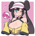  1girl ;t absurdres aqua_eyes bangs baseball_cap black_choker black_jacket blush breasts brown_hair chest_harness choker cleavage closed_mouth cosplay cropped_torso double_bun doughnut_hair_bun hair_bun harness hat heart highres huge_breasts iono_(pokemon) iono_(pokemon)_(cosplay) jacket long_sleeves looking_at_viewer multicolored_clothes multicolored_jacket nipples one_eye_closed outside_border oversized_clothes pink_background pokemon pokemon_(game) pokemon_bw2 pokemon_sv pout rosa_(pokemon) sleeves_past_fingers sleeves_past_wrists solo speech_bubble sweatdrop twintails two-tone_jacket upper_body very_long_sleeves white-stew white_headwear x yellow_jacket 