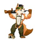  akat akat/starfox army_uniform barazoku black_nipples canid canine fox gun hi_res male mammal nipple_piercing nipples piercing ranged_weapon weapon 