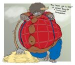  2018 afro anthro belly belt big_belly bottomwear bouffalant clothed clothing dialogue dino.d.dice dress_shirt fur generation_5_pokemon hay hooves horn leaning looking_at_viewer male morbidly_obese morbidly_obese_anthro morbidly_obese_male navel nintendo obese obese_anthro obese_male overweight overweight_anthro overweight_male pants pitchfork pokemon pokemon_(species) shirt solo standing suspenders talking_to_viewer text tools topwear video_games 