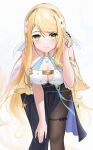  1girl atelier_(series) azur_lane bangs bare_shoulders black_pantyhose black_skirt blonde_hair breasts cleavage closed_mouth detached_sleeves feet_out_of_frame frilled_sleeves frills green_eyes hairband hand_in_own_hair hand_on_own_knee hand_up highres klaudia_valentz large_breasts leaning_forward long_hair looking_at_viewer o-ring pantyhose qing_wu shirt short_sleeves sidelocks skirt smile solo standing swept_bangs thigh_strap white_shirt wide_sleeves yellow_sleeves 