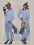  2022 anthro barefoot black_body black_fur canid canine clothed clothing digital_media_(artwork) feet fox fully_clothed fur hi_res looking_at_viewer male mammal one_eye_closed orange_body orange_fur solo standing white_body white_fur wink yshanii 