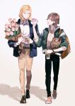  2boys :| absurdres alternate_costume bag bangs belt black_pants blonde_hair blue_jacket bouquet bracelet brown_belt brown_footwear brown_hair brown_pants camus_(uta_no_prince-sama) closed_mouth collared_shirt cup disposable_cup doughnut eye_contact flower food full_body green_jacket grey_eyes hair_between_eyes highres holding holding_bouquet holding_cup holding_food jacket jewelry kotobuki_reiji long_sleeves looking_at_another looking_to_the_side medium_hair mofmofqueue multiple_boys open_clothes open_collar open_jacket open_mouth pants paper_bag parted_bangs pink_flower pink_footwear pink_shirt pink_tulip profile shadow shirt shoes short_hair shoulder_bag simple_background sleeves_past_elbows sneakers starbucks tulip uta_no_prince-sama walking white_background white_shirt 