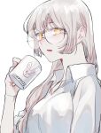  1girl breasts bright_pupils collared_shirt cup dahan expressionless from_side glasses grey_hair hair_behind_ear highres holding holding_cup korean_commentary long_hair looking_at_viewer medium_breasts mug open_mouth original round_eyewear shirt solo white_background white_pupils white_shirt yellow_eyes 