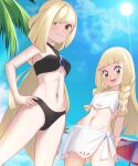  2girls :d absurdres bangs bikini black_bikini blonde_hair blunt_bangs braid breasts cloud commentary_request day eyelashes from_below gazing_eye green_eyes hand_on_hip highres lillie_(pokemon) long_hair looking_at_viewer lusamine_(pokemon) mother_and_daughter multiple_girls navel open_mouth outdoors parted_lips pokemon pokemon_(game) pokemon_sm sky smile sun sweat swimsuit twin_braids 