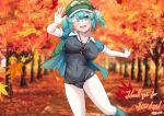  1girl artist_name autumn autumn_leaves backpack bag blue_hair blue_jacket blue_one-piece_swimsuit breasts english_text green_headwear hair_ornament highres jacket kagiyama_shachou kawashiro_nitori smile solo swimsuit thighs touhou 