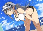  1girl armband bent_over blue_eyes cloud dutch_angle glasses grey_hair hat long_hair original parted_lips ponytail sidelocks sky solo sports_bra sweat swimsuit translation_request water yugami_gooshu 