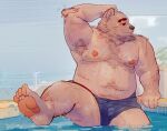  2022 anthro belly big_belly clothing detailed_background feet hi_res kemono male mammal meaclowlark moobs nipples overweight overweight_male solo swimming_pool swimwear ursid 