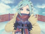  1boy cloud commentary_request day eyelashes fence green_eyes green_hair grusha_(pokemon) heart heart_hands jacket long_hair long_sleeves male_focus miro mittens outdoors own_hands_together pokemon pokemon_(game) pokemon_sv scarf scarf_over_mouth sky solo striped striped_scarf upper_body yellow_jacket 