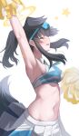  1girl absurdres animal_ears armpits bangs bare_shoulders black_hair blue_archive blush breasts cheerleader closed_eyes commentary crop_top dog_ears dog_girl dog_tail goggles goggles_on_head halo hibiki_(blue_archive) hibiki_(cheerleader)_(blue_archive) highres long_hair medium_breasts navel official_alternate_costume open_mouth pleated_skirt pom_pom_(cheerleading) ponytail shirt sidelocks simple_background skirt solo standing star_(symbol) stomach tail upper_body white_background white_shirt yako_mashiro 