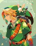  1boy bangs belt belt_buckle blonde_hair brown_belt buckle earrings green_background green_eyes green_headwear green_tunic highres jewelry link looking_to_the_side male_focus mizuki_tsukimori navi parted_bangs pointy_ears pointy_hat shield shirt short_hair sidelocks sword the_legend_of_zelda the_legend_of_zelda:_ocarina_of_time upper_body weapon weapon_on_back white_shirt 