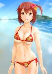  1girl beach bikini blue_sky blurry blurry_background bracelet breasts brown_hair cleavage cloud commentary_request contrapposto day etou_kanami floral_print flower hair_flower hair_ornament highres jewelry medium_breasts mofumofu_kitsune mouth_hold one_side_up open_mouth outdoors red_bikini short_hair side-tie_bikini_bottom sky solo swimsuit toji_no_miko 