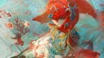  1girl air_bubble armor brown_eyes bubble claws colored_skin coral fish fish_girl head_fins highres looking_down mipha monster_girl multicolored_skin octahooves red_skin rope shoulder_armor solo the_legend_of_zelda the_legend_of_zelda:_breath_of_the_wild two-tone_skin underwater upper_body white_skin zora 
