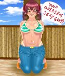  1girl bikini breasts cosplay crying crying_with_eyes_open denim eddarxart heterochromia highres hololive houshou_marine jeans kneeling large_breasts looking_at_viewer nami_(one_piece) nami_(one_piece)_(cosplay) pants red_hair sweat sweating_profusely swimsuit tears tied_to_stake twintails virtual_youtuber 