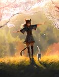  1girl absurdres animal animal_ears backlighting black_thighhighs blurry blurry_background cat cat_ears cat_tail cherry_blossoms depth_of_field facial_mark falling_petals final_fantasy final_fantasy_xiv full_body grass highres light_particles light_rays long_hair miqo&#039;te outdoors outstretched_arms petals safaiaart smile solo spread_arms sunbeam sunlight tail thighhighs tree walking watermark 
