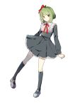  1girl bangs black_dress black_socks blush clenched_hand closed_mouth danganronpa_(series) danganronpa_another_episode:_ultra_despair_girls dress frilled_dress frills full_body green_eyes green_hair grey_background grey_footwear highres kneehighs long_sleeves looking_at_viewer neck_ribbon red_ribbon ribbon shiny shiny_hair shoes short_hair simple_background socks solo towa_monaka yuno_(ou35i) 