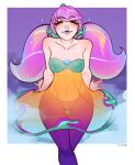  1girl arm_support artist_name bangs blush border breasts closed_eyes closed_mouth collarbone dress facing_up feet_out_of_frame green_dress gwen_(league_of_legends) highres ilwha invisible_chair league_of_legends long_hair medium_breasts multicolored_background orange_dress pants pink_hair purple_pants shiny shiny_hair shiny_skin shiyn_hiar sitting solo space_groove_gwen swept_bangs twintails white_border 