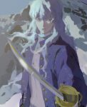  1boy androgynous bangs berserk blue_eyes blue_jacket buttons closed_mouth commentary curly_hair english_commentary griffith_(berserk) hair_between_eyes highres holding holding_sword holding_weapon jacket long_hair looking_at_viewer male_focus outdoors saber_(weapon) serious snow solo sword wavy_hair weapon white_hair wujicha 