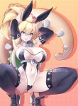  1girl alternate_costume animal_ears armpits arms_behind_head black_thighhighs blonde_hair blue_eyes bowsette breasts cleavage collar commentary covered_navel cross-laced_footwear english_commentary fake_animal_ears fanbox_username gradient gradient_background horns hot_vr large_breasts lips lizard_tail looking_at_viewer mario_(series) meme_attire new_super_mario_bros._u_deluxe orange_background orange_footwear patreon_username playboy_bunny ponytail rabbit_ears shoes short_hair smile solo spiked_collar spiked_legwear spikes squatting super_crown tail thighhighs white_horns 