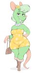  2022 anthro boots buckteeth clothing dress female footwear gem green_body green_hair hair hi_res jewelry looking_at_viewer mammal mouse murid murine necklace pearl_(gem) pearl_necklace purse rodent simple_background smile smiling_at_viewer solo standing teeth usnarbit 