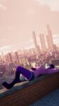  3d_(artwork) anthro blender_(software) canid canine city cityscape clothed clothing digital_media_(artwork) female fox fur herm hi_res intersex itsjag mammal portrait purple_body purple_fur resting slim solo tired 