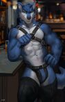  abs anthro bar belt blue_body blue_eyes blue_fur bulge canid canine canis clothing container cup drinking_glass fur glass glass_container glass_cup harness hi_res inside jockstrap juiceps legwear looking_at_viewer male mammal muscular muscular_anthro muscular_male nipples pecs smile solo thigh_highs underwear wolf 